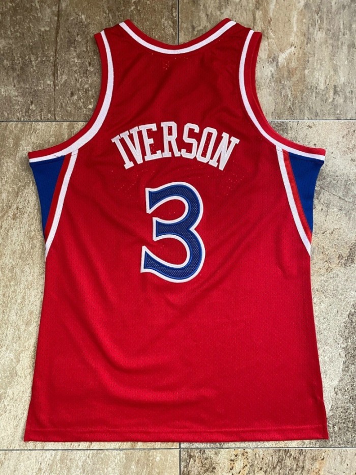 1996-1997 M&N Sixers Iverson #3 Red Retro Top Quality Dense Embroidery NBA Jersey
