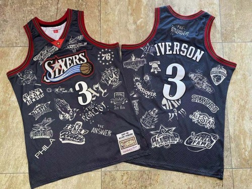 NBA 1997-1998 M&N Sixers Iverson #3 Black Retro Top Quality Dense Embroidery Jersey