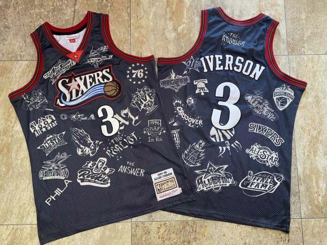 NBA 1997-1998 M&N Sixers Iverson #3 Black Retro Top Quality Dense Embroidery Jersey