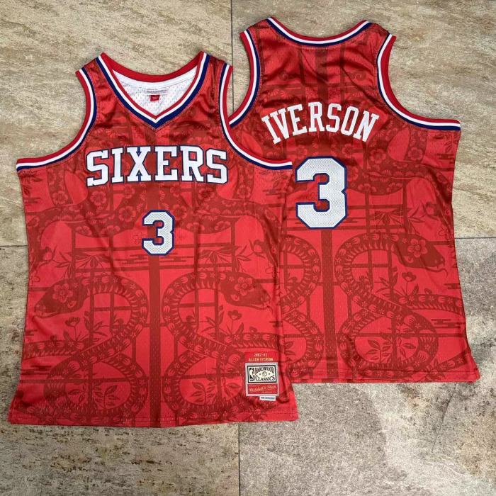 2002-2003 M&N Sixers Iverson #3 Snake Year Retro Top Quality Dense Embroidery NBA Jersey
