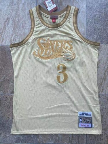 2000-2001 M&N Sixers Iverson #3 Golden Retro Top Quality Dense Embroidery Jersey