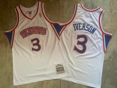 1996-1997 M&N Sixers Iverson #3 White Retro Top Quality Dense Embroidery NBA Jersey
