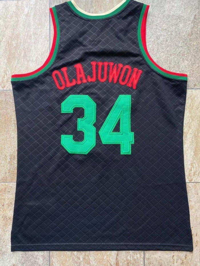 1993-1994 M&N Rockets Olajuwon #34 Black Naples Retro Top Quality Dense Embroidery NBA Jersey