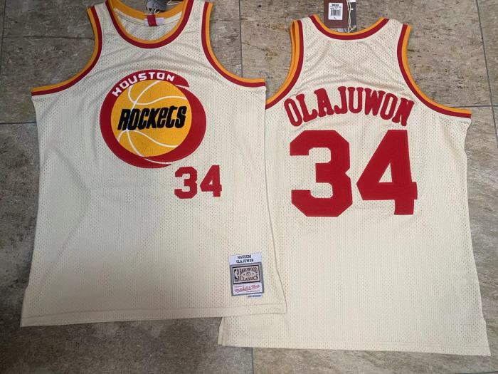 M&N Rockets Olajuwon #34 White Retro Top Quality Dense Embroidery NBA Jersey