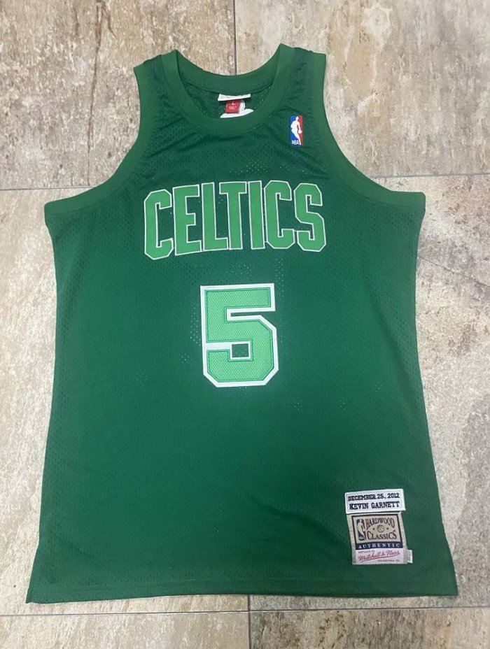 2012 M&N Celtics Garnett #5 Green Retro Top Quality Dense Embroidery NBA Jersey
