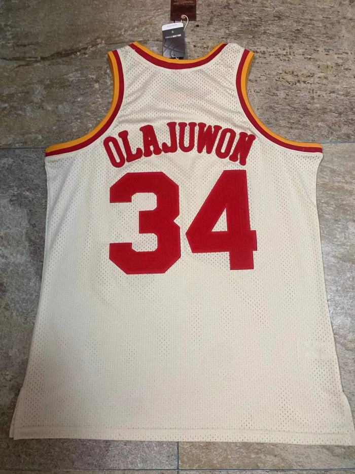 M&N Rockets Olajuwon #34 White Retro Top Quality Dense Embroidery NBA Jersey