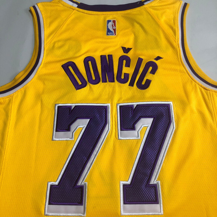 2025 Lakers Doncic #77 Yellow Top Quality Dense Embroidery NBA Jersey