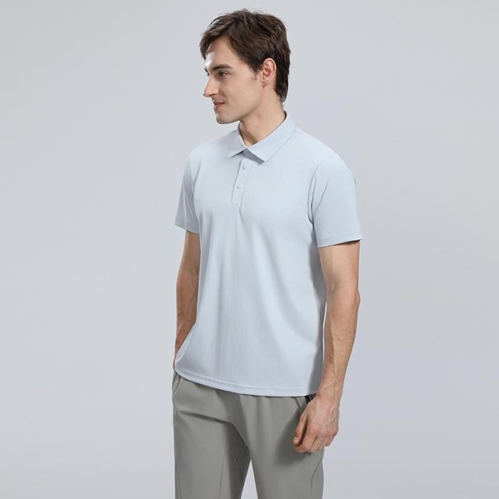 Adult Men's Casual Polo Shirt (wathet) Loose Fit Version with Buttons. Material: 76% Nylon, 24% Spandex
