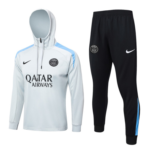 24-25 PSG Light gray Hoodie Half Pull Tracksuit #F585半拉连帽