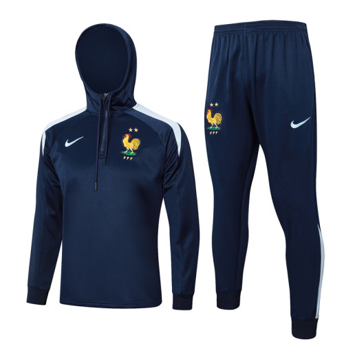 24-25 France Royal blue Hoodie Half Pull Tracksuit #F591半拉连帽