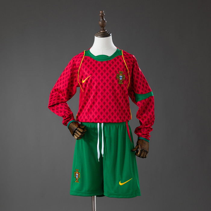 2004 Portugal Home Retro Long Sleeve Kids Kit Jersey