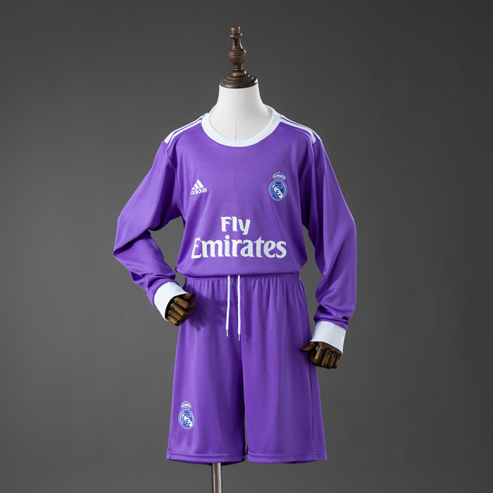 2016-17 Real Madrid Away Retro Long Sleeve Kids Kit Jersey
