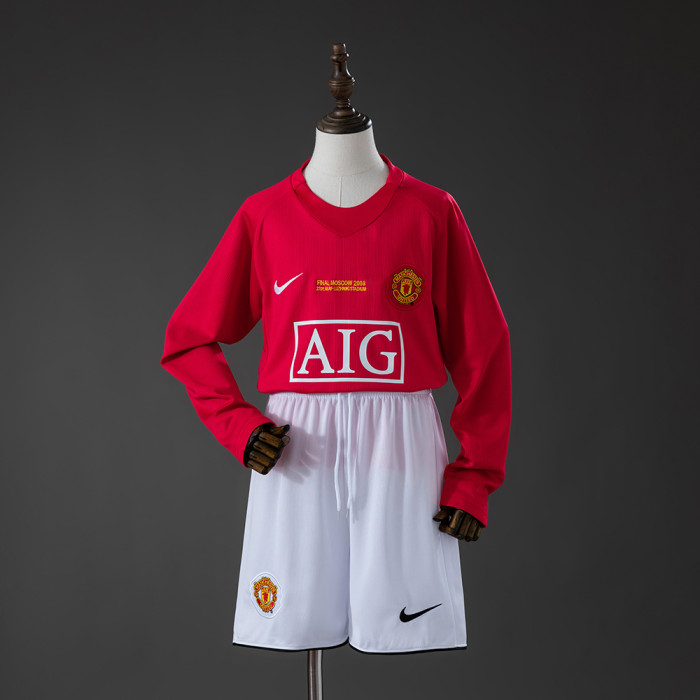 2007-2008 Manchester United Home Retro Long Sleeve Kids Kit Jersey