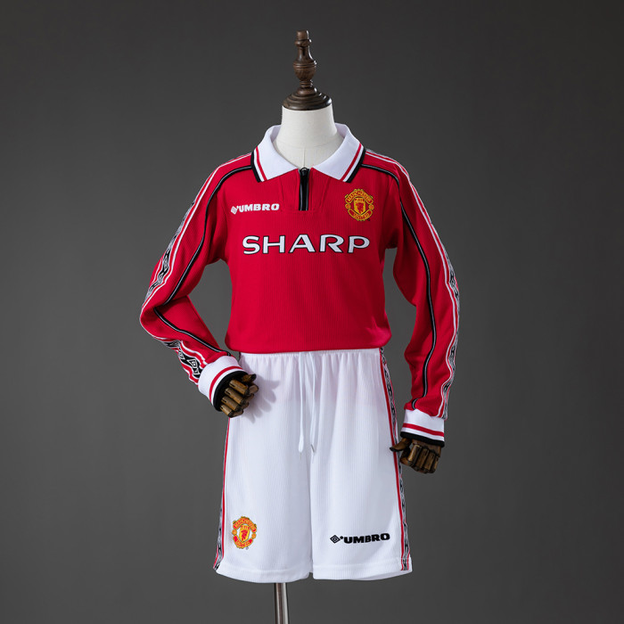 1998-99 Manchester United Home Retro Long Sleeve Kids Kit Jersey