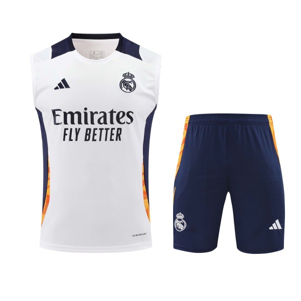 24-25 Real Madrid White Sleeveless Training Vest & Navy Shorts Kit