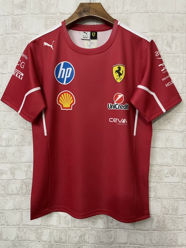 2025 F1 Ferrari New Pattern Short Sleeve Racing Suit (圆领,领口是红色)