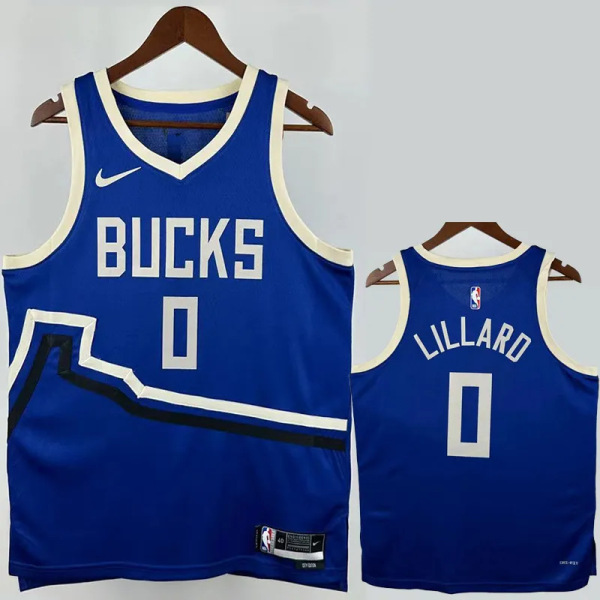 24-25 BUCKS LILLARD #0 Blue City Edition Top Quality Hot Pressing NBA Jersey(V领)