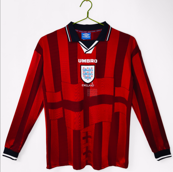 1998 England Away Red Retro Long Sleeve Soccer Jersey