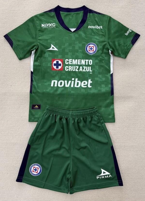 25-26 Cruz Azul Green Goalkeeper Kids Soccer Jersey 1:1 Thai Quality