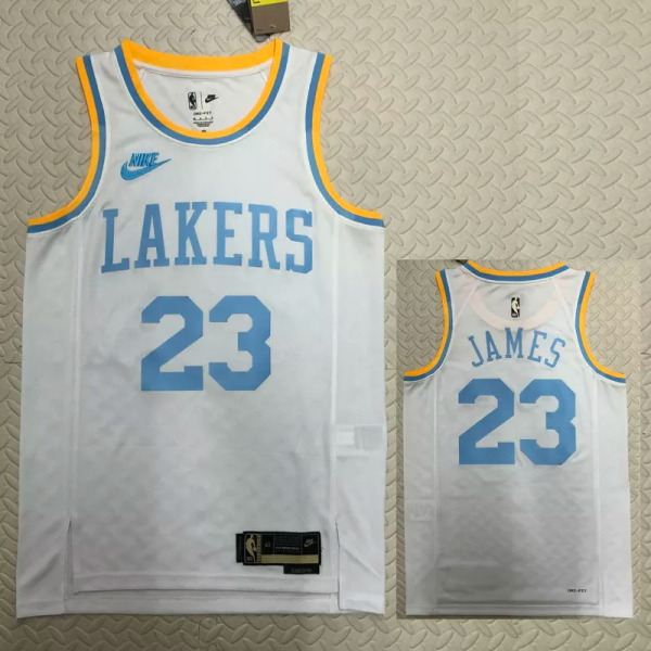 22-23 LAKERS JAMES #23 White Top Quality Hot Pressing NBA Jersey (Retro Logo)