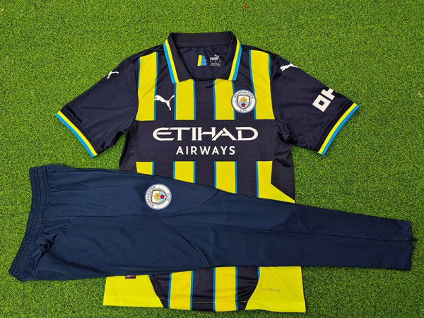 24/25 Man City Away Player Version Soccer Jersey(Royal Blue Long pants)