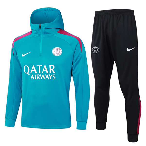 24/25 PSG Lake Blue Hooded  Half Pull Tracksuit(Add Fluff)  (半拉链、加绒F599)