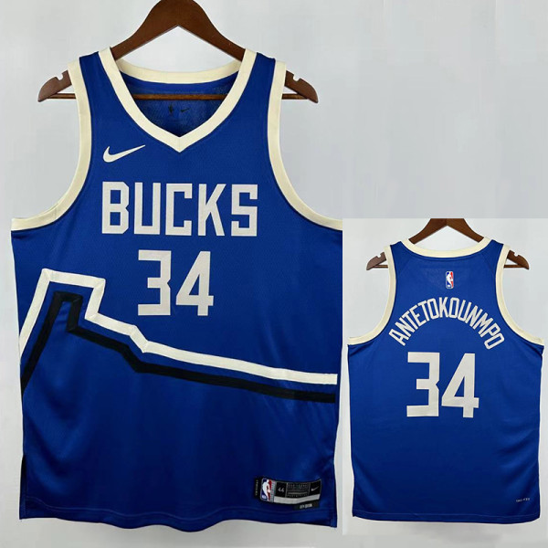 24/25  BUCKS ANTETOKOUNMPD # 34 Blue City Edition Top Quality Hot Pressing NBA Jersey