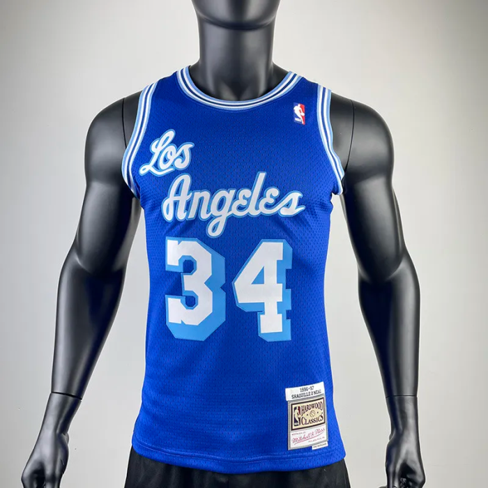 1996-97 LAKERS O'NEAL #34 Blue Retro Top Quality Hot Pressing NBA Jersey(圆领）