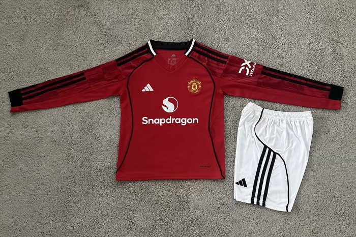 25-26 Man Utd Home Long Sleeve Kids Soccer Jersey（长袖）