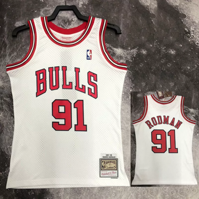 1998 BULLS RODMAN #91 White Retro Top Quality Hot Pressing NBA Jersey