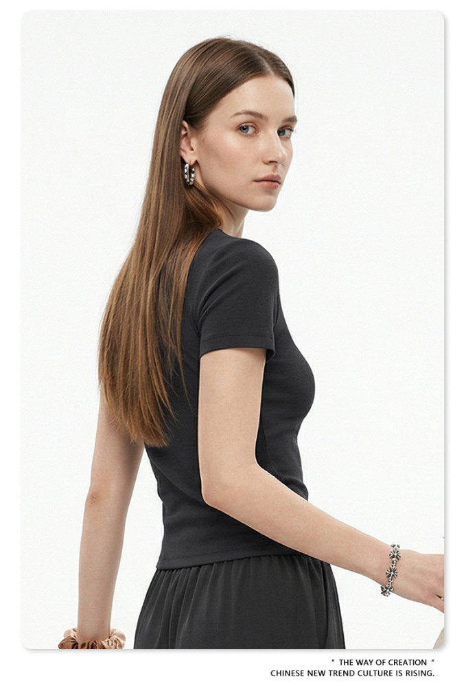 Women's Slim Fit Short Sleeve T-Shirt, High Elastic Cotton Crewneck Tee, Summer Casual Regular Shoulder Base Layer Top