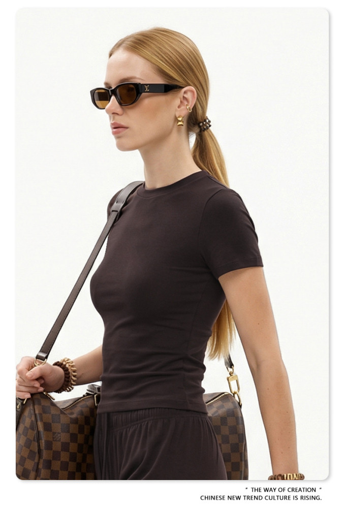 Women's Slim Fit Short Sleeve T-Shirt, High Elastic Cotton Crewneck Tee, Summer Casual Regular Shoulder Base Layer Top