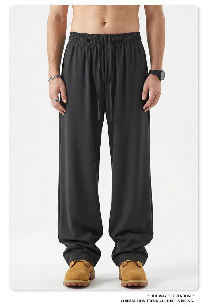 New Spring/Summer Solid Color High Elasticity Relaxed Loose Straight Leg Trousers for Men, Plus Size Wide Leg Pants