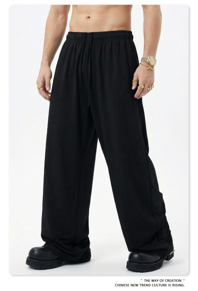 New Spring/Summer Solid Color High Elasticity Relaxed Loose Straight Leg Trousers for Men, Plus Size Wide Leg Pants