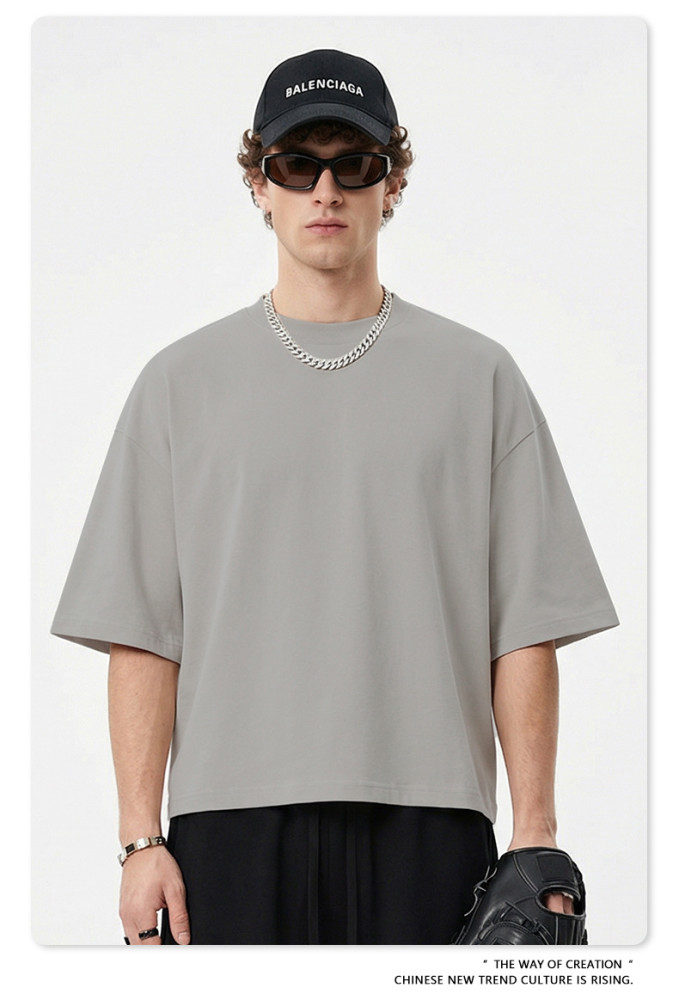 American streetwear brand 230G pure cotton basic style Boxy short-sleeved T-shirt, solid color crew neck top for men.