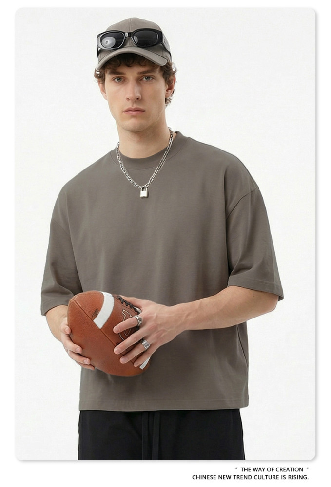 American streetwear brand 230G pure cotton basic style Boxy short-sleeved T-shirt, solid color crew neck top for men.