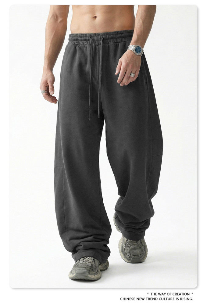 New American retro loose plus size washed curved blade pants with patchwork straight leg and drawstring wide-leg design for men.