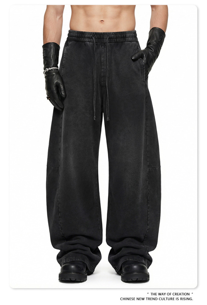 New American retro loose plus size washed curved blade pants with patchwork straight leg and drawstring wide-leg design for men.