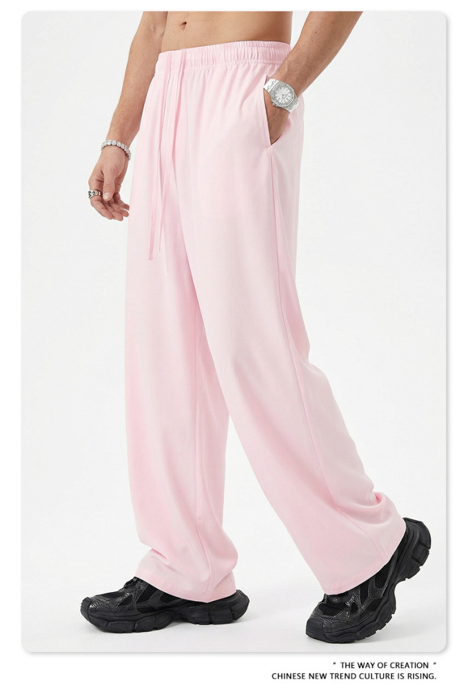 New Spring/Summer Solid Color High Elasticity Relaxed Loose Straight Leg Trousers for Men, Plus Size Wide Leg Pants