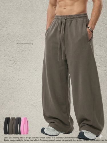 New American retro loose plus size washed curved blade pants with patchwork straight leg and drawstring wide-leg design for men.