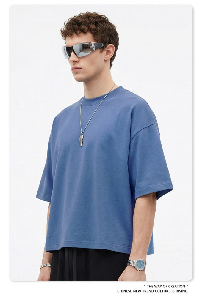 American streetwear brand 230G pure cotton basic style Boxy short-sleeved T-shirt, solid color crew neck top for men.