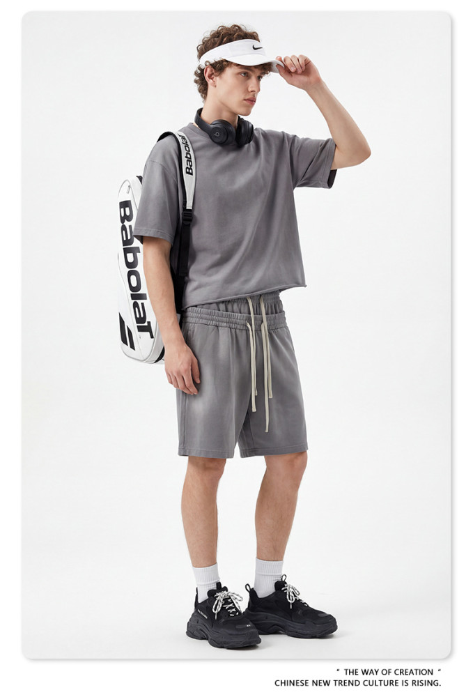 Summer American-style washed distressed Boxy loose-fitting short-sleeved T-shirt for men with frayed edges and monkey print.