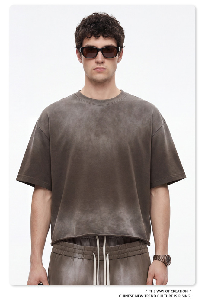 Summer American-style washed distressed Boxy loose-fitting short-sleeved T-shirt for men with frayed edges and monkey print.