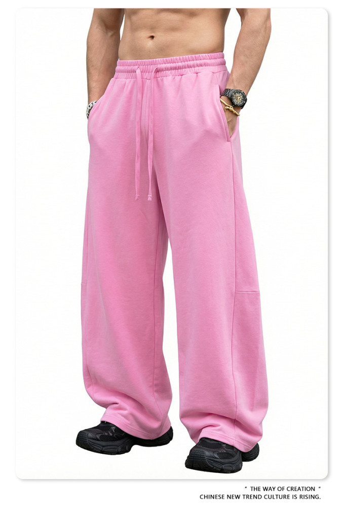 New American retro loose plus size washed curved blade pants with patchwork straight leg and drawstring wide-leg design for men.