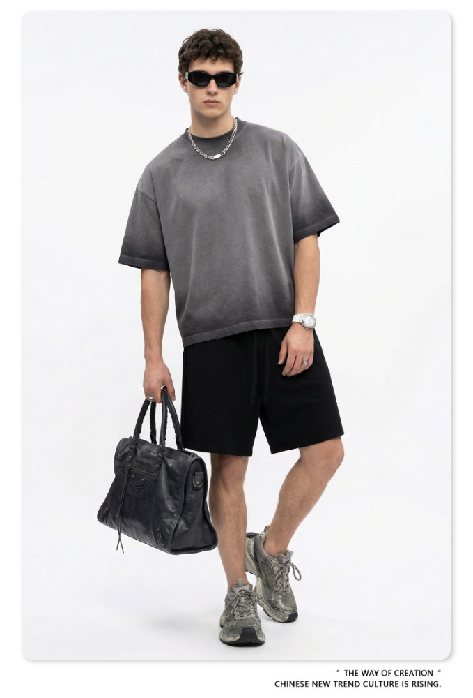 Spring Summer American Retro Distressed Color-Burning Boxy Loose Short-Sleeve T-Shirt for Men