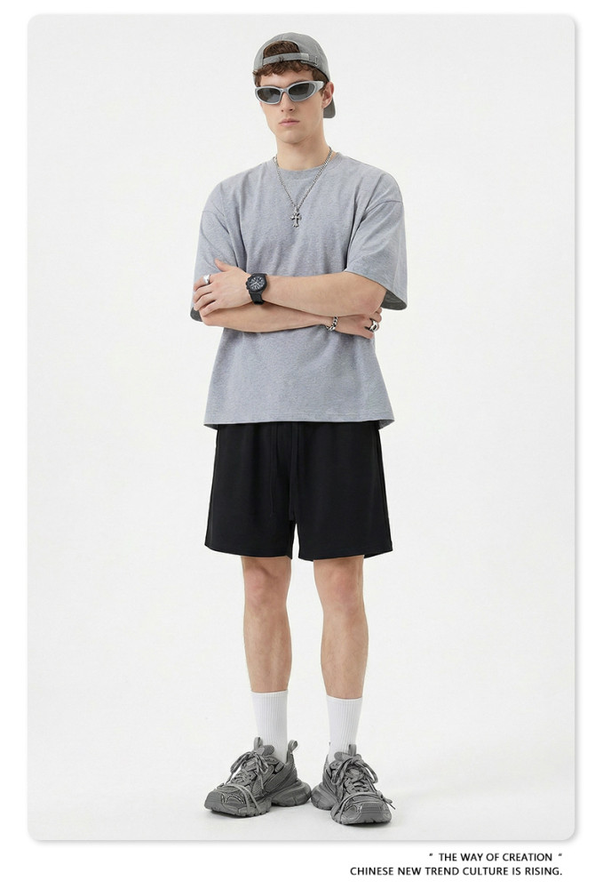 American streetwear brand 230G pure cotton basic style Boxy short-sleeved T-shirt, solid color crew neck top for men.