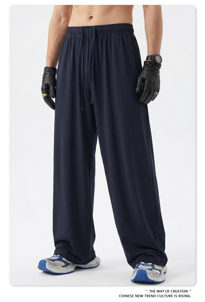 New Spring/Summer Solid Color High Elasticity Relaxed Loose Straight Leg Trousers for Men, Plus Size Wide Leg Pants