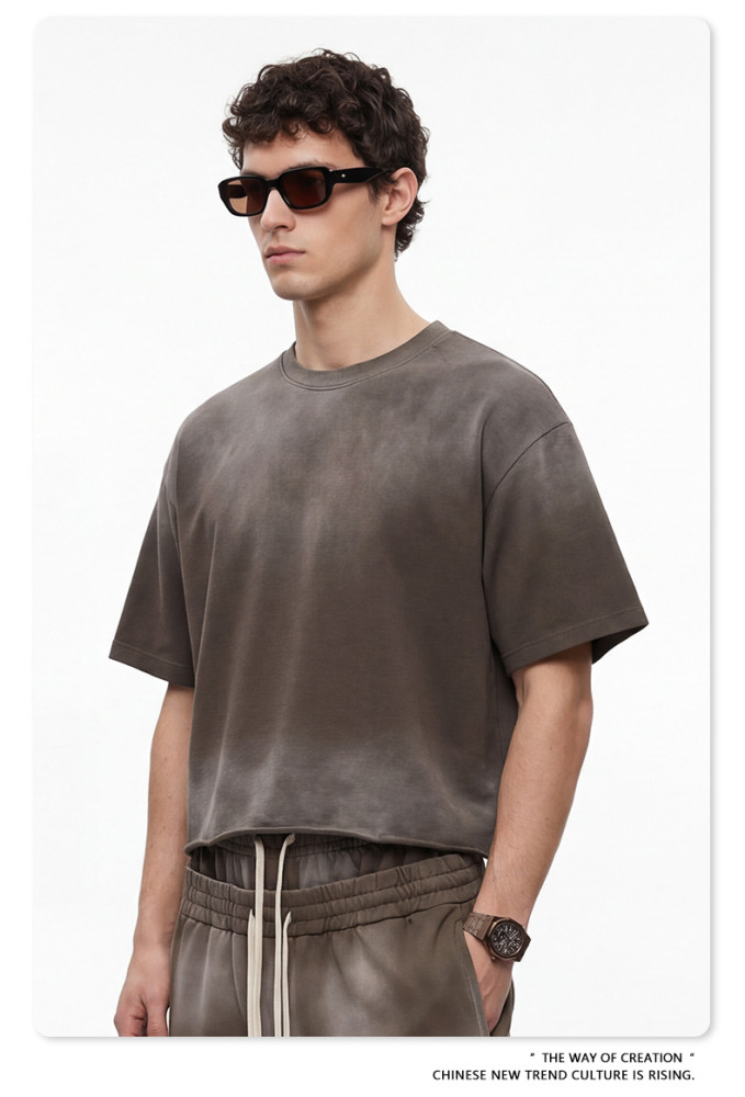 Summer American-style washed distressed Boxy loose-fitting short-sleeved T-shirt for men with frayed edges and monkey print.