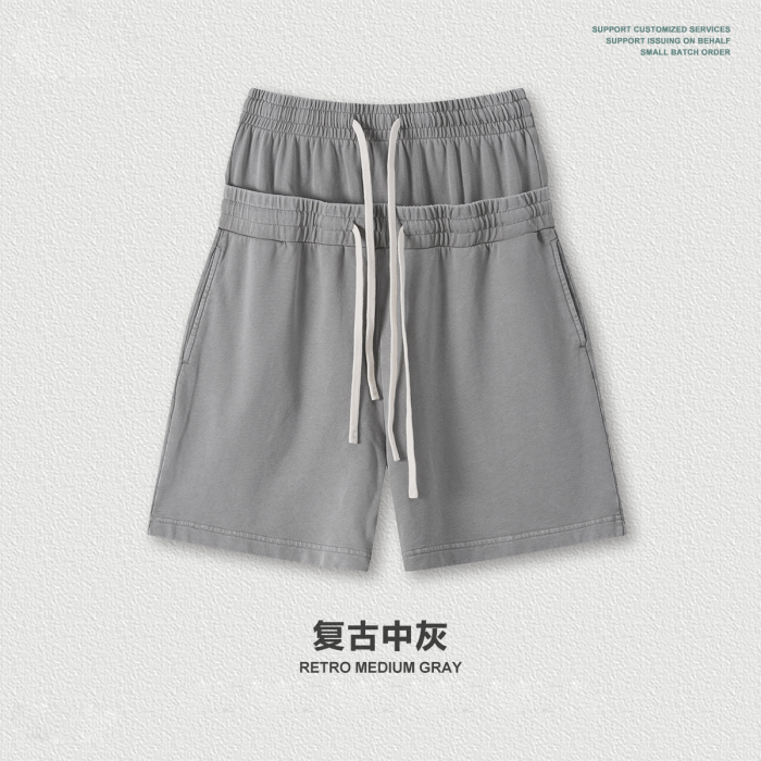 European and American trendy brand 320g West Coast double waistband distressed double waistband shorts for men