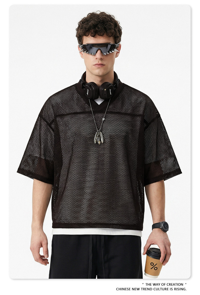Summer American streetwear brand Boxyfit short-sleeved mesh V-neck casual T-shirt for men
